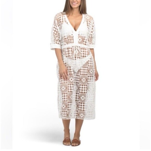 4OUR Dreamers Maxi Crochet Lace Swim Cover Up Caftan White Tie Waist Small - Picture 3 of 8